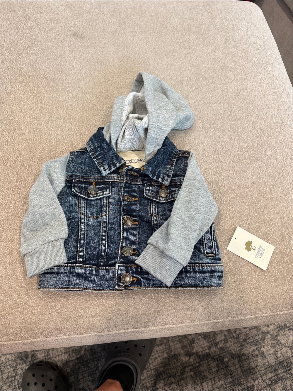 Tucker + Tate Dark Wash Denim Jacket with Grey Hoodie Sleeves